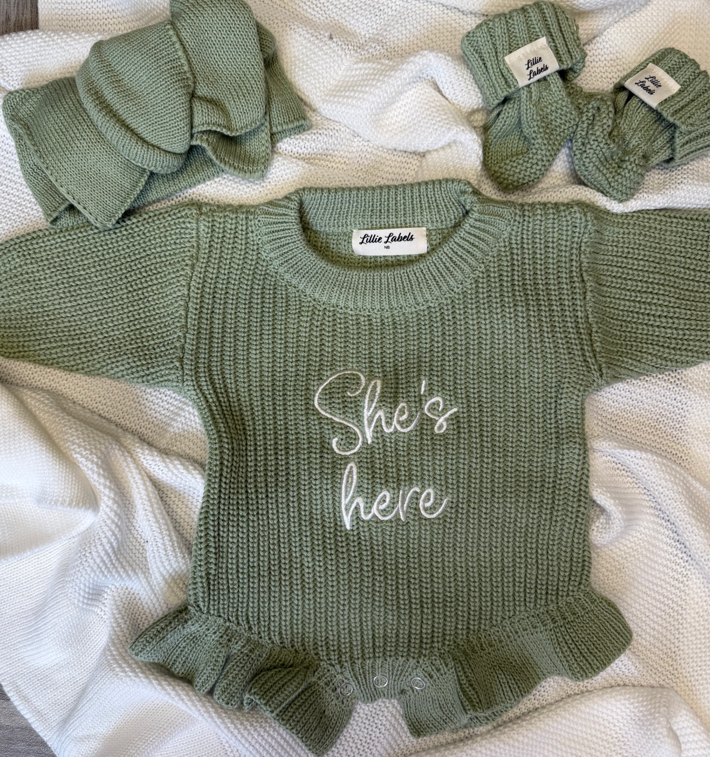 Sage Green Frill Romper & Bootie Announcement Set