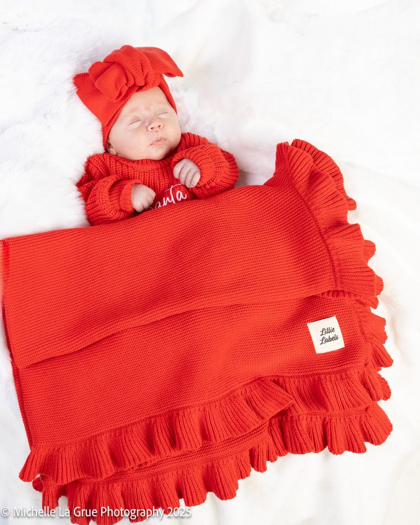 Ruby Red Cotton Frill Knit Blanket