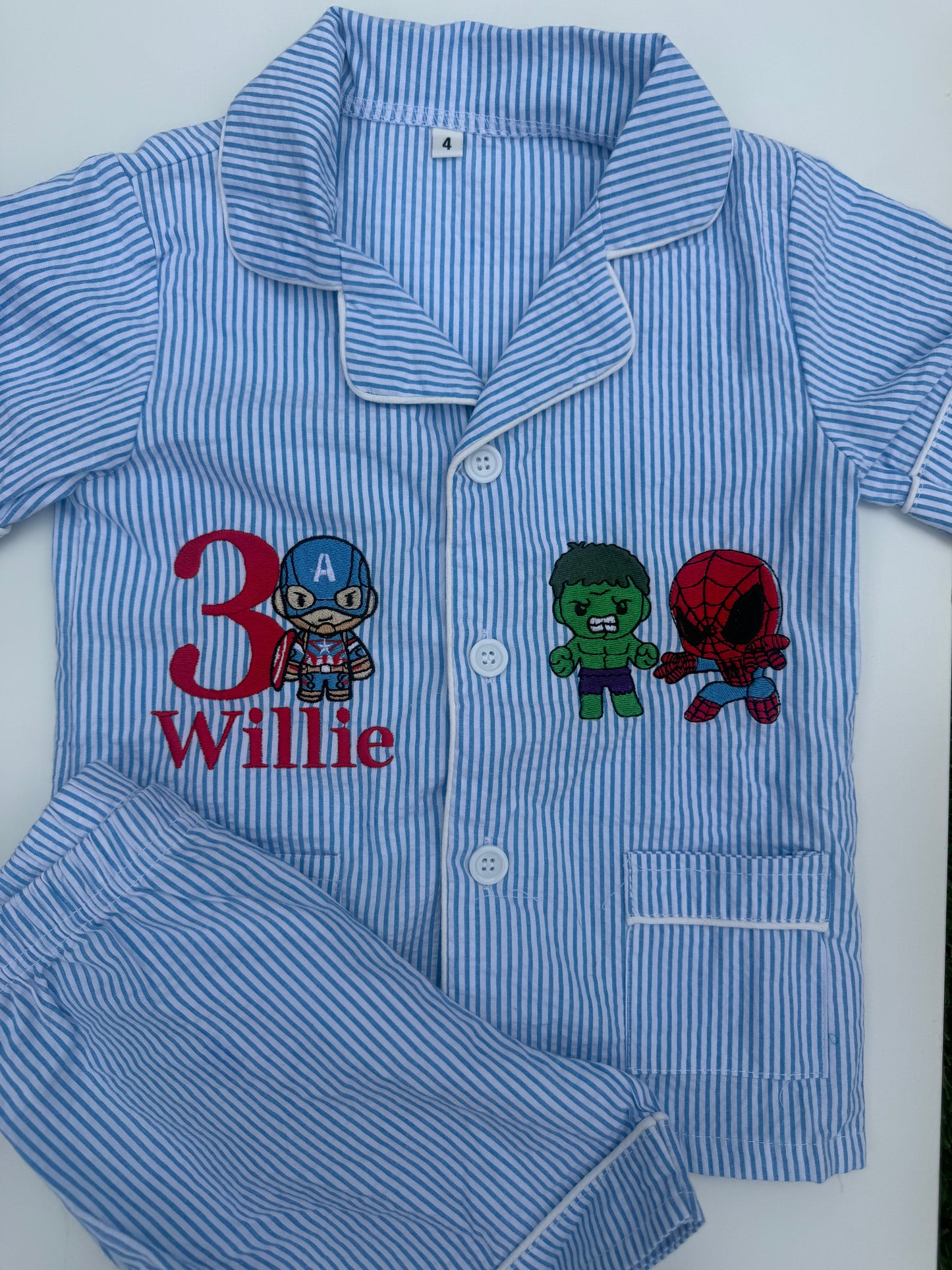 Bespoke Seersucker Blue & White Short Pyjamas