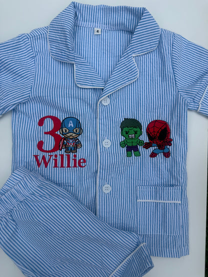 Bespoke Seersucker Blue & White Short Pyjamas