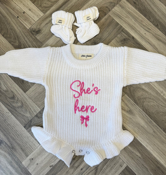 White Frill Romper & Bootie Announcement Set