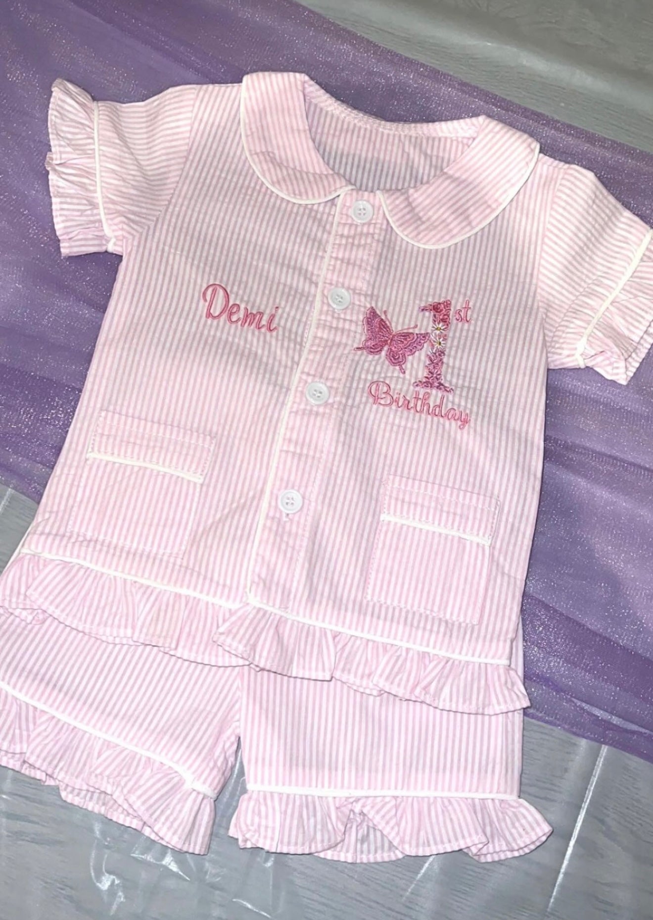 Pink and White Seersucker 1st Birthday Short Frill Pyjamas