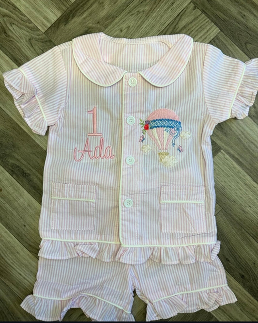 Pink & White Seersucker Hot Air Balloon Short Frill Pyjamaas