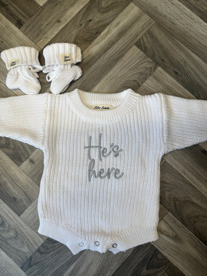 White Romper & Bootie Announcement Set