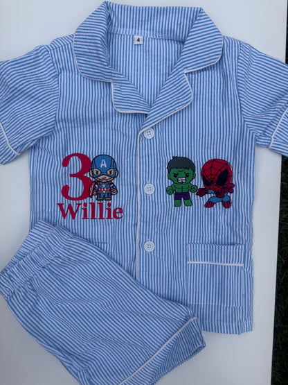 Bespoke Seersucker Blue & White Short Pyjamas