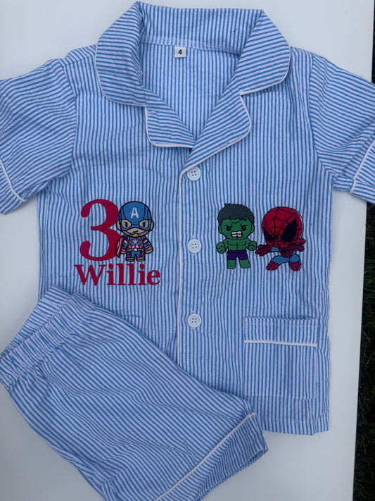 Bespoke Seersucker Blue & White Short Pyjamas