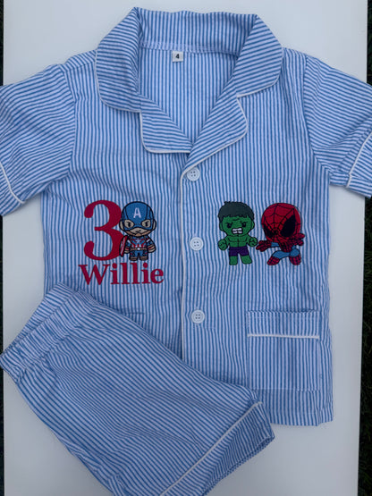 Bespoke Seersucker Blue & White Short Pyjamas