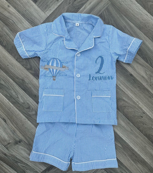 Blue and White Seersucker Hot Air Balloon Short Frill Pyjamas